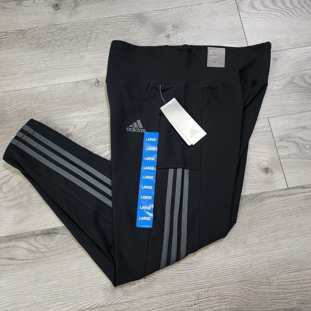 Adidas‎ Women's L High Rise 3-stripe 7/8 Cotton Tights HM2603 Tight Black Gray